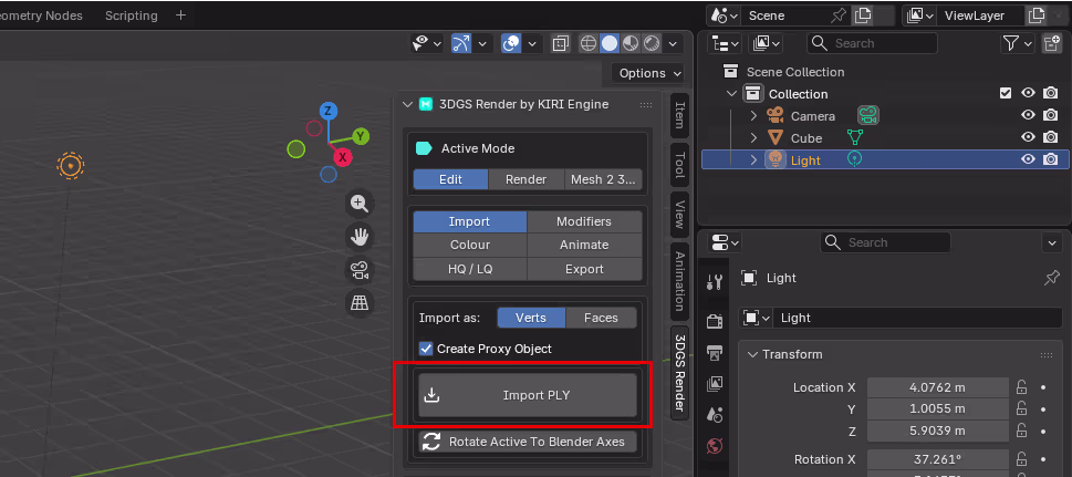 Importing a 3DGS PLY into Blender with 3DGS Render