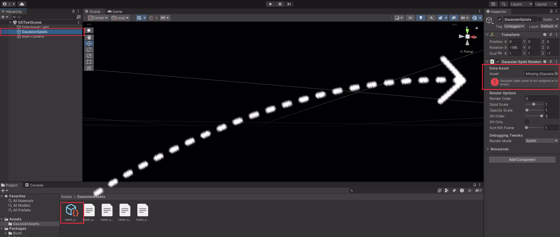 Assign GaussianSplat asset in Unity inspector