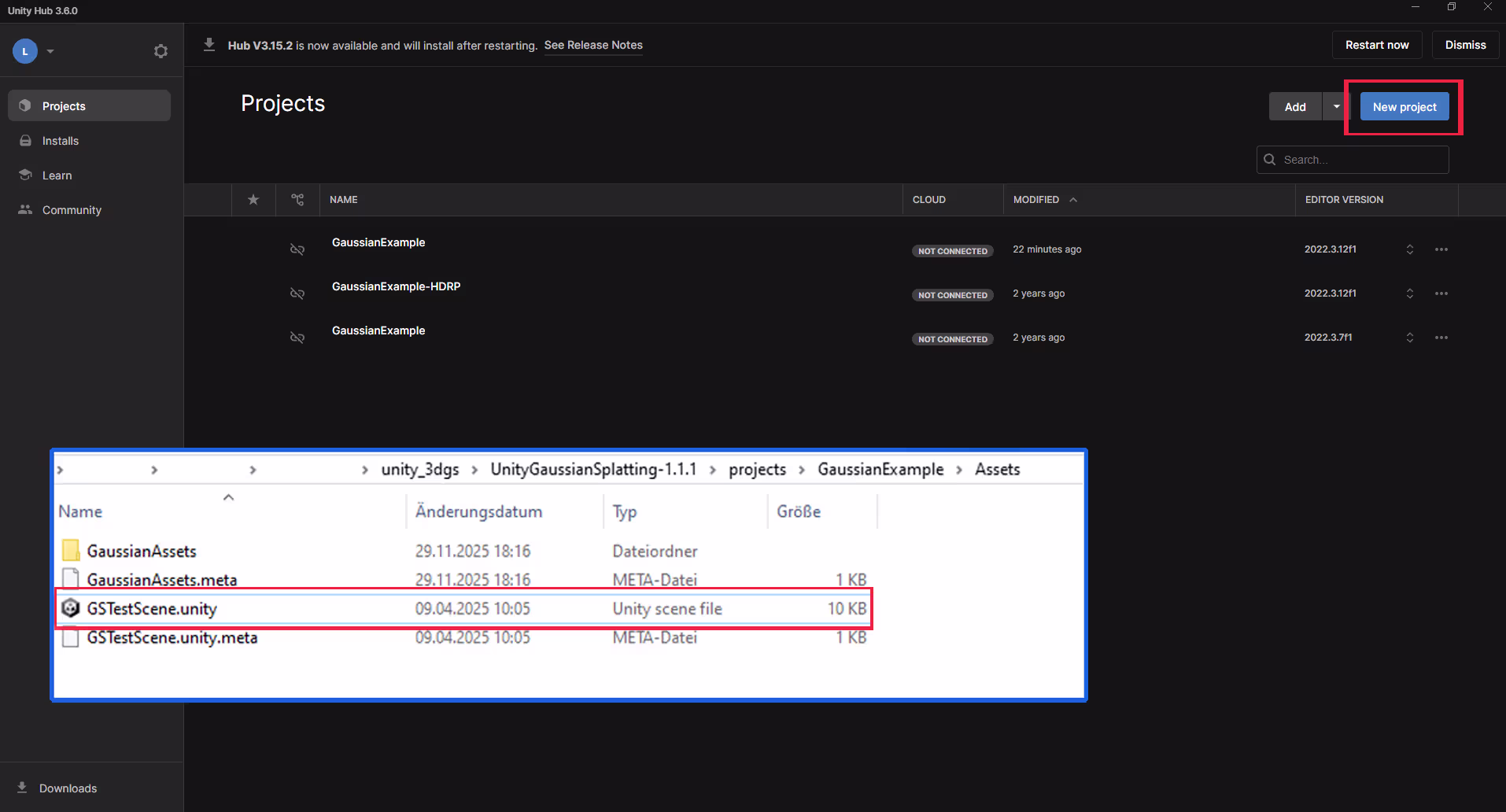 Unity GaussianExample project selection